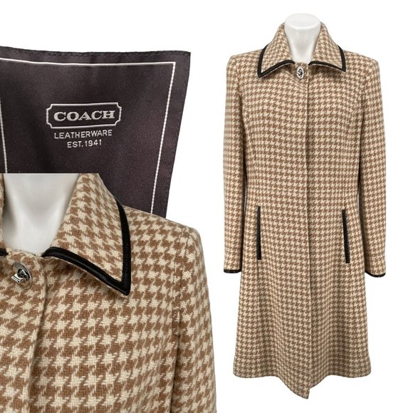 Vintage Coach Houndstooth Wool & Leather Womens Coat / Fully Lined / Large Tan - Picture 1 of 13